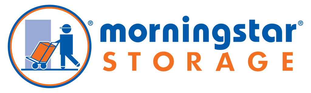 Morningstar storage text and logo of a blue person pushing a dolly with an orange box through a blue doorway