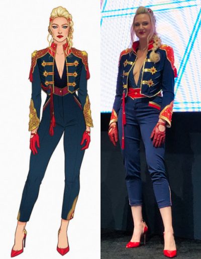 On the left, an illustration of Captain Marvel. On the right, Susie Creates dressed in the Captain Marvel outfit in the illustration.