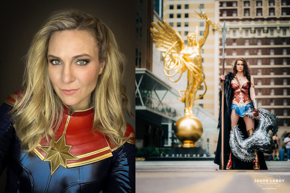 On the left, Susie Creates. On the right, Susie Creates dressed as Wonder Woman