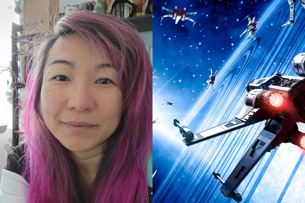 On the left is Artist Guest of Honor Mai Van.  On the right is art by Mai Van depicting a Star Wars space scene.
