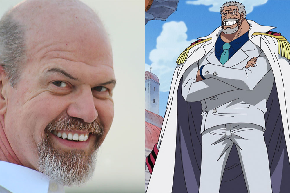 Photograph of Brian Mathis next to the character Monkey D. Garp from One Piece, which he voices.