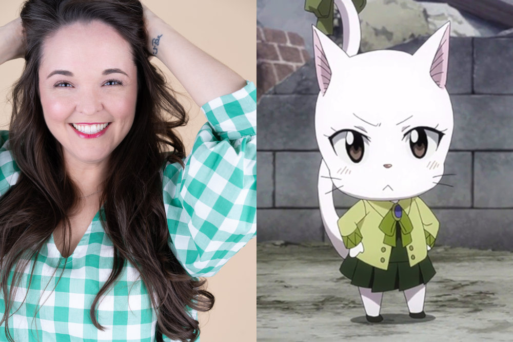Photograph of Jad Saxton next to the character Carla from Fairy Tail, which she voices.